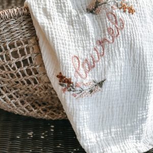 Personalized Baby Swaddle Blanket Embroidered with Name and Floral Spray, Soft Cotton Muslin