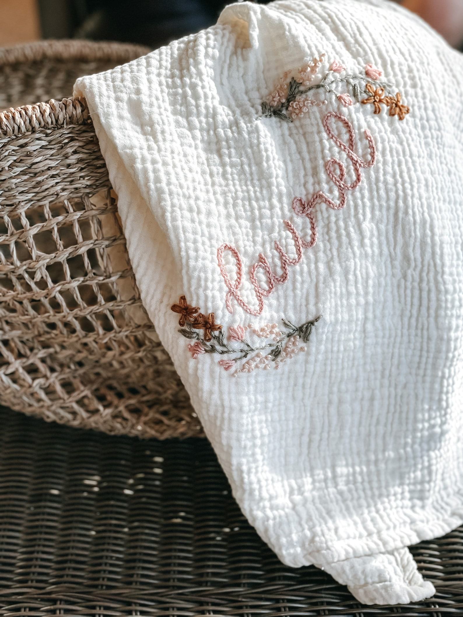 Personalized Baby Swaddle Blanket Embroidered with Name and Floral Spray, Soft Cotton Muslin - Image 3