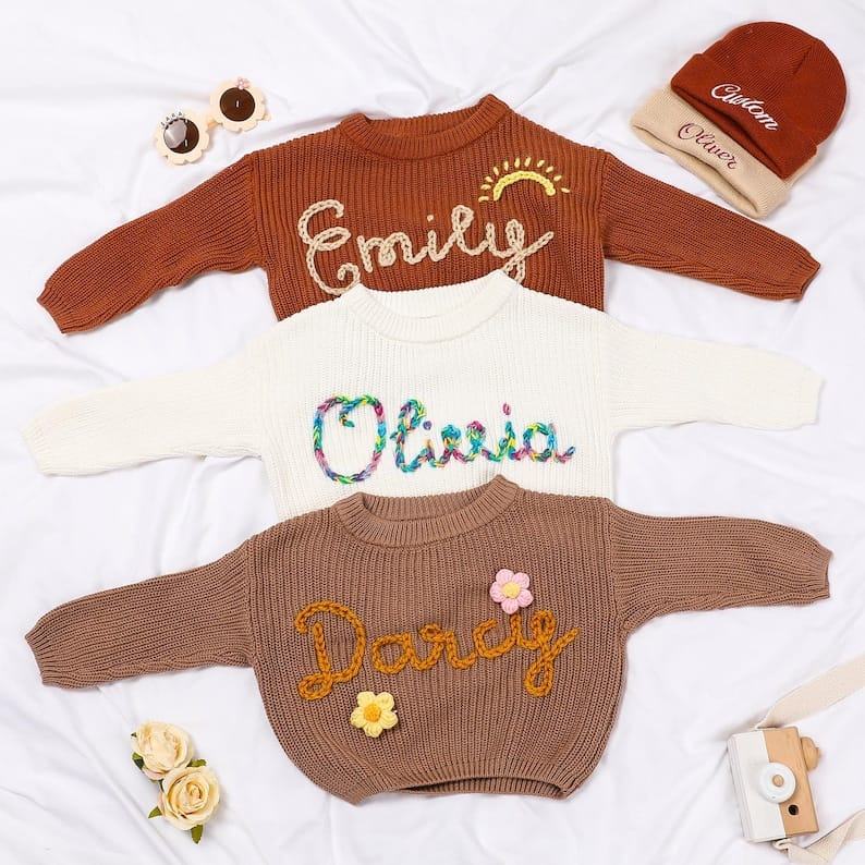 Personalized Baby Sweater – Embroidered Name Knit Christmas Present for Toddler Girls