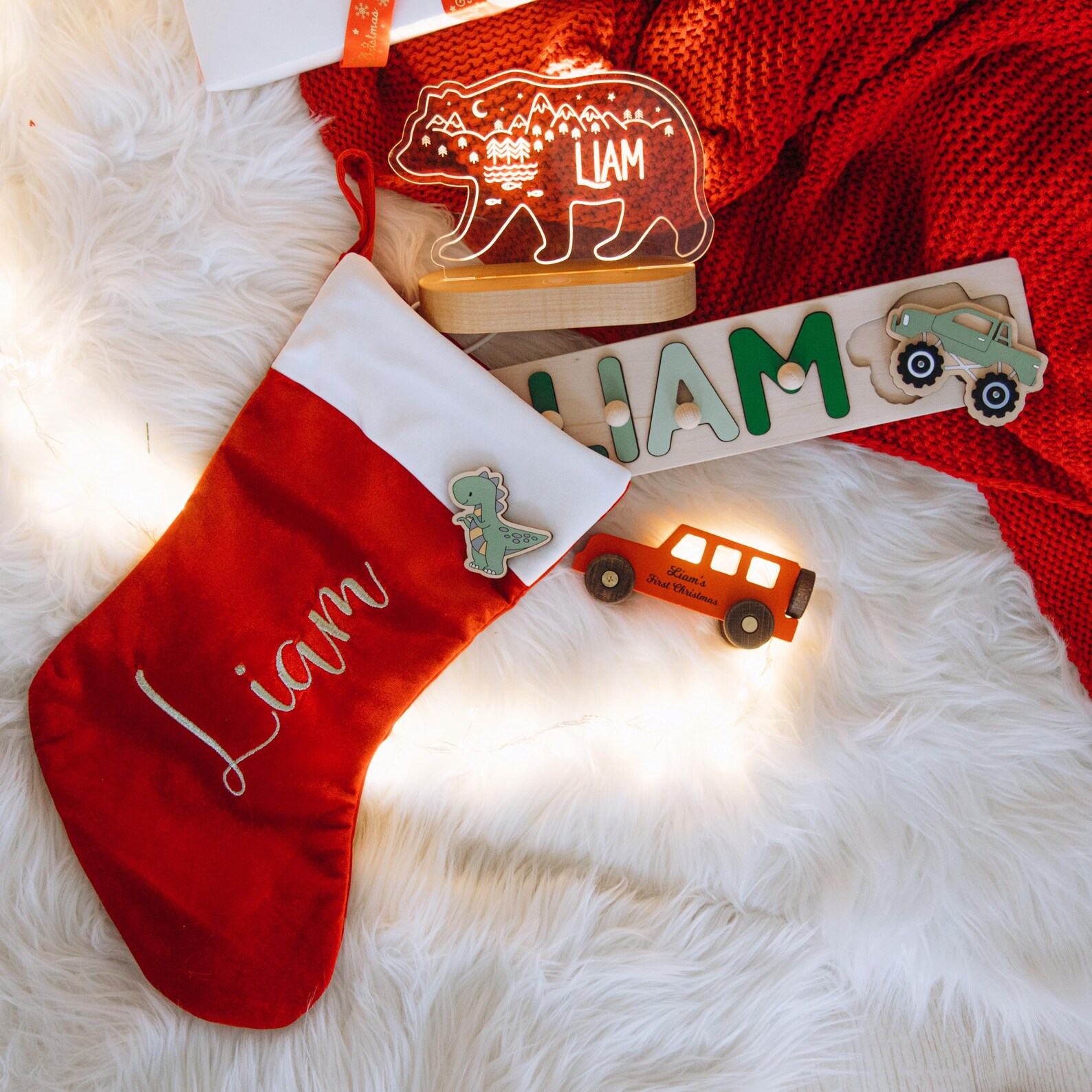 Personalized Baby’s First Christmas Present Set  Stocking, Name Puzzle, Night Light & Wooden Car