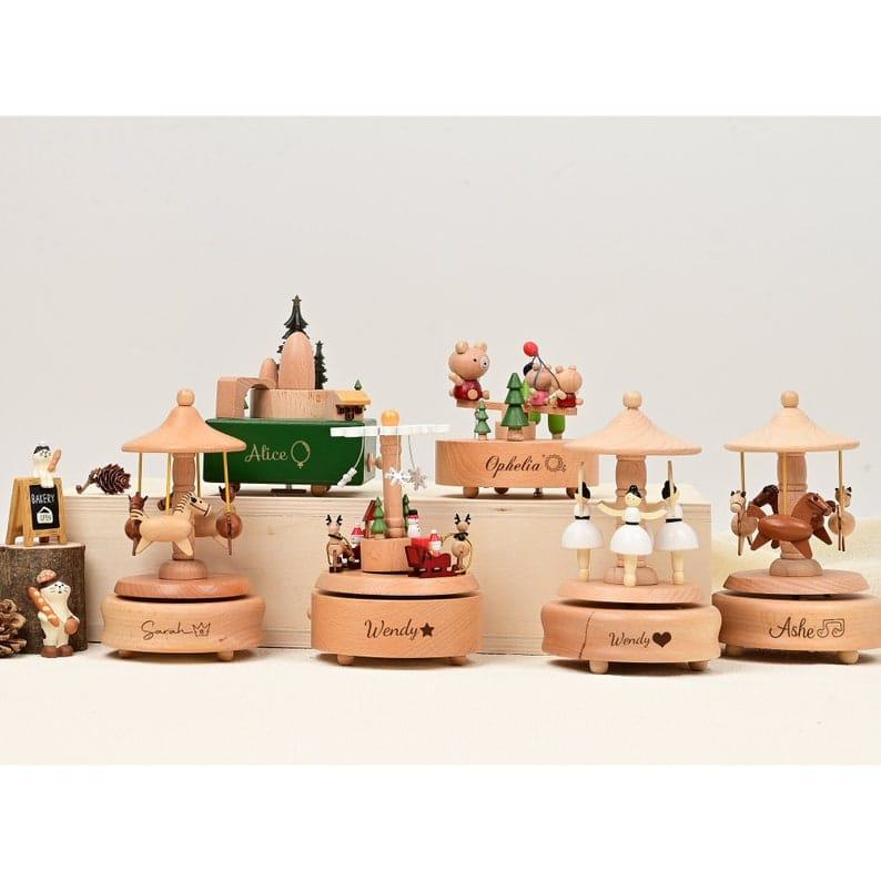 Personalized Ballerina Carousel Music Box – Engraved Wooden Horse Keepsake Present