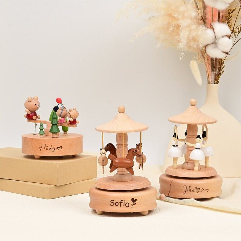 Personalized Ballerina Music Box Carousel – Engraved Wooden Keepsake Present for Baby, Christmas & More!