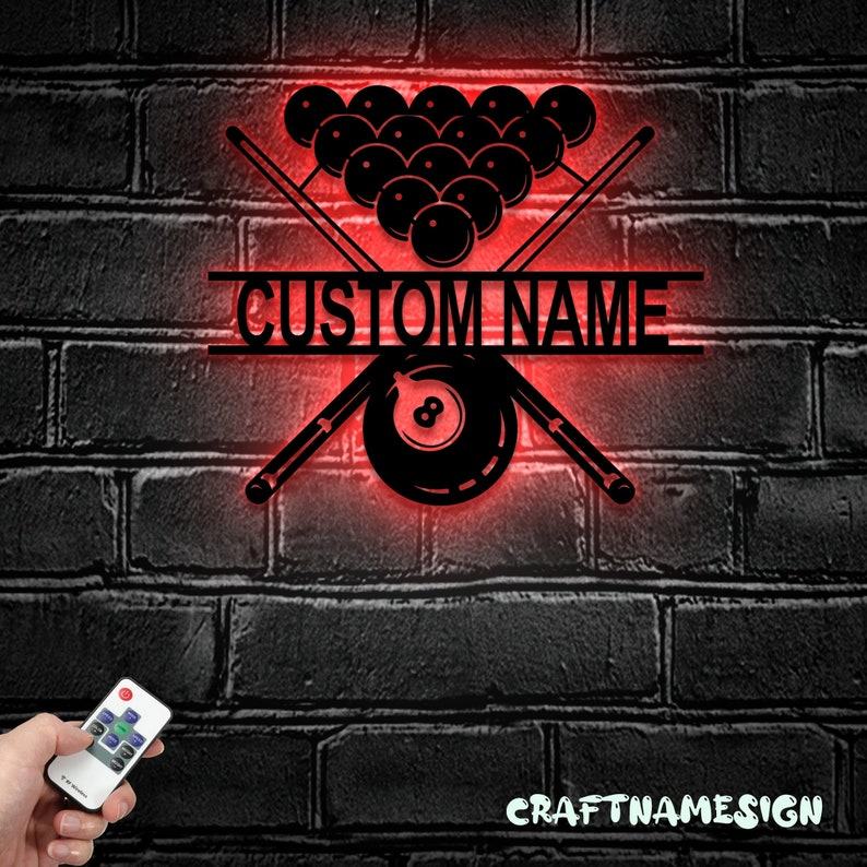 Personalized Billiards Metal Wall Art with LED Light Elevate Your Game Room with Illuminated Style