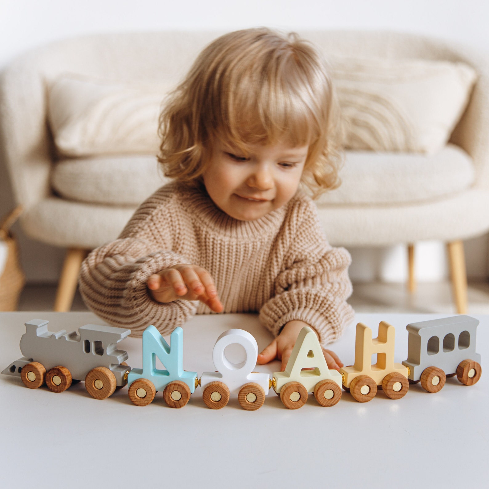 Personalized Boho Train Set – Wooden Name Train, First Birthday Present, Nursery Decor & Fidget Toys