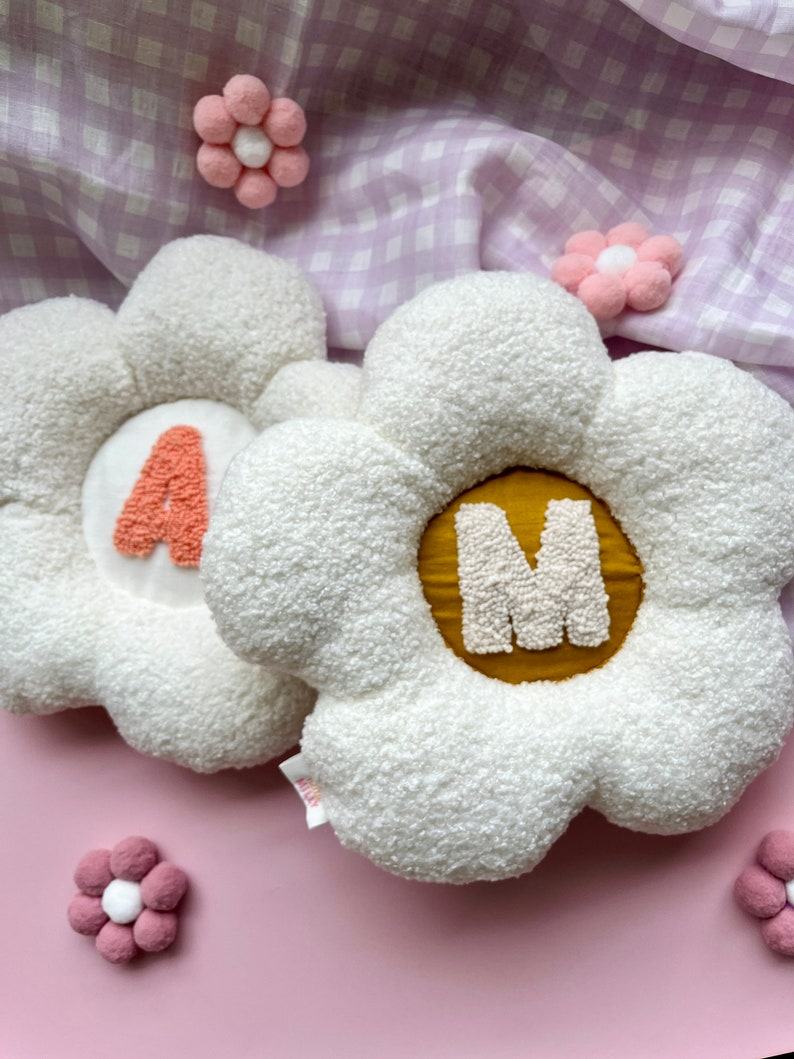 Personalized Boucle Daisy Initial Cushion Fluffy Nursery Decor for Kids