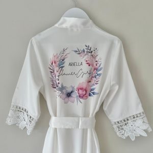 Personalized Bridal Robe Embroidered Floral Wreath, Satin Elegance for Your Special Day