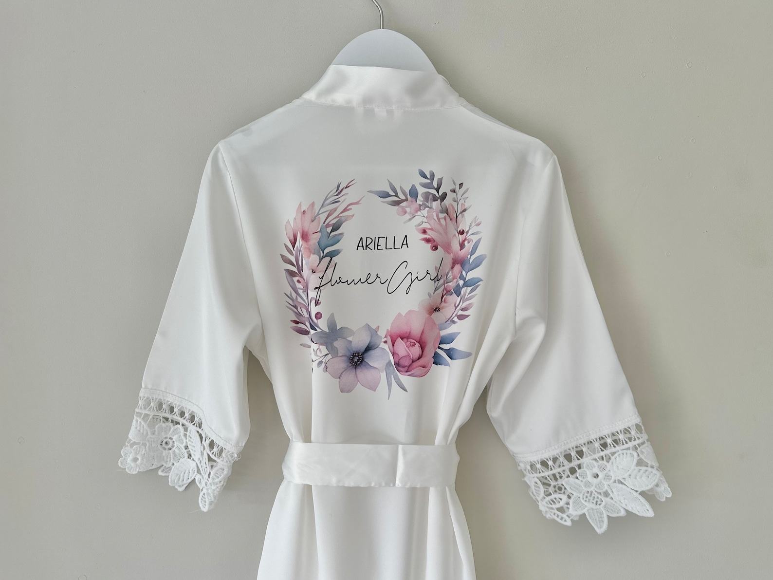 Personalized Bridal Robe Embroidered Floral Wreath, Satin Elegance for Your Special Day - Image 5