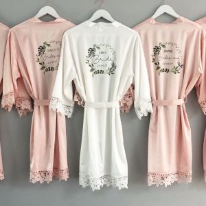 Personalized Bridal Robe Embroidered Floral Wreath, Satin Elegance for Your Special Day