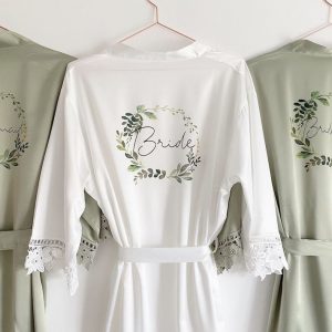 Personalized Bridal Robe Embroidered Floral Wreath, Satin Elegance for Your Special Day