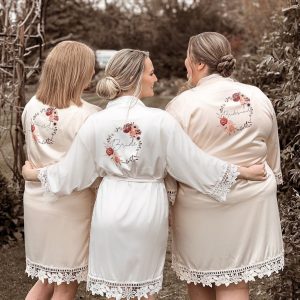 Personalized Bridal Robe Embroidered Floral Wreath, Satin Elegance for Your Special Day