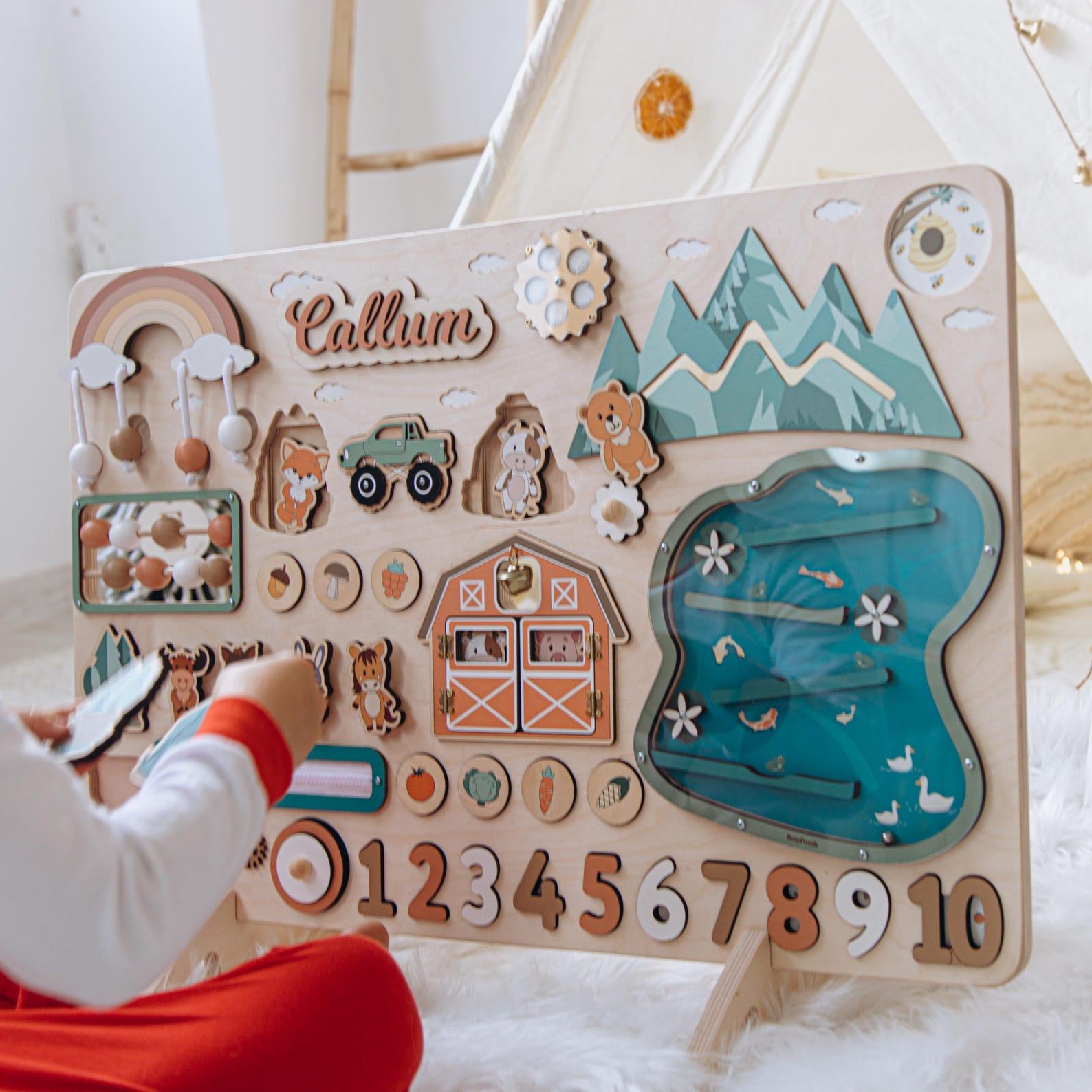 Personalized Busy Board for Toddlers 1-3 – Montessori Sensory Toy – Custom Name – Easter Present & Nursery Decor