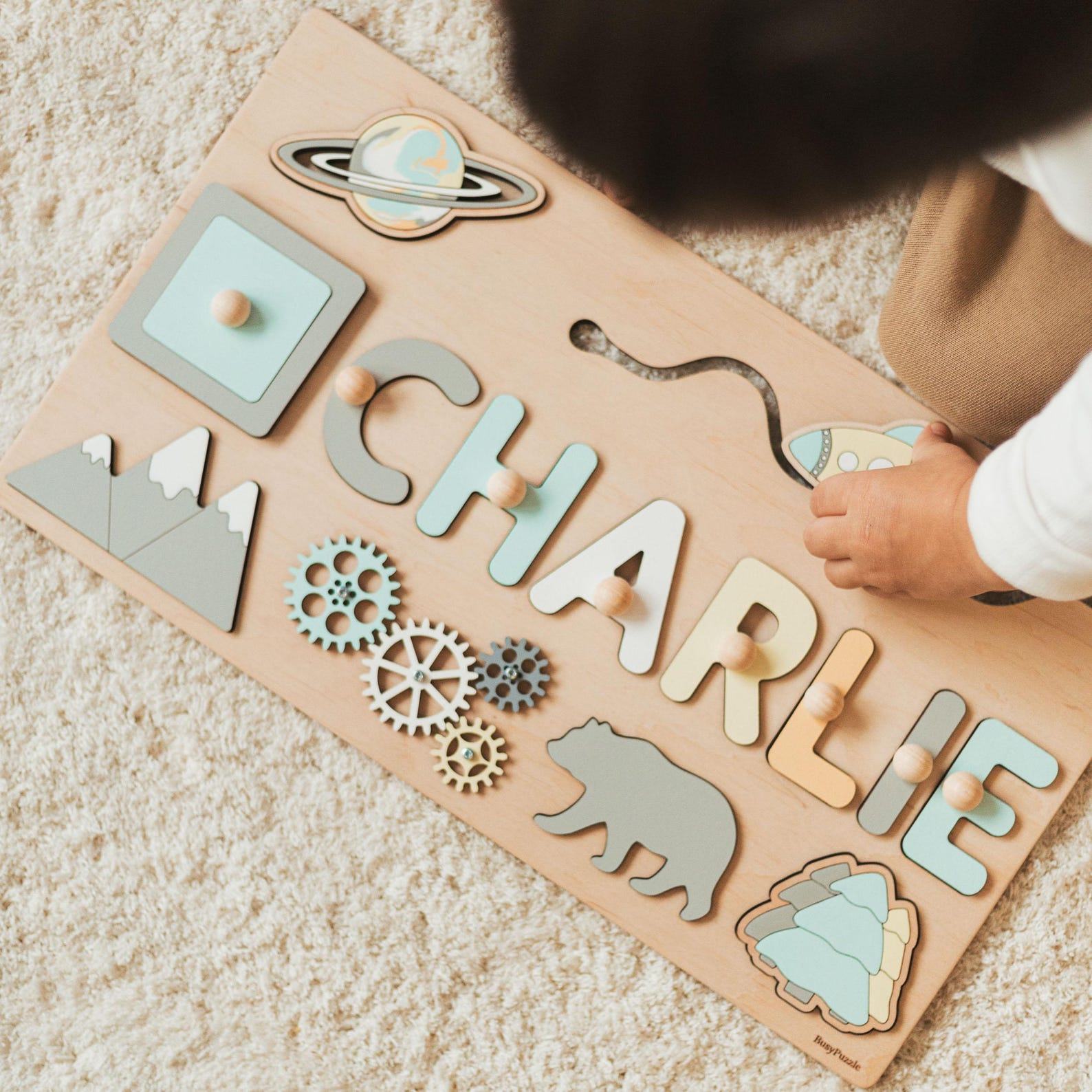 Personalized Busy Board for Toddlers – Wooden Sensory Toy with Name – Educational 1st Birthday & Easter Present