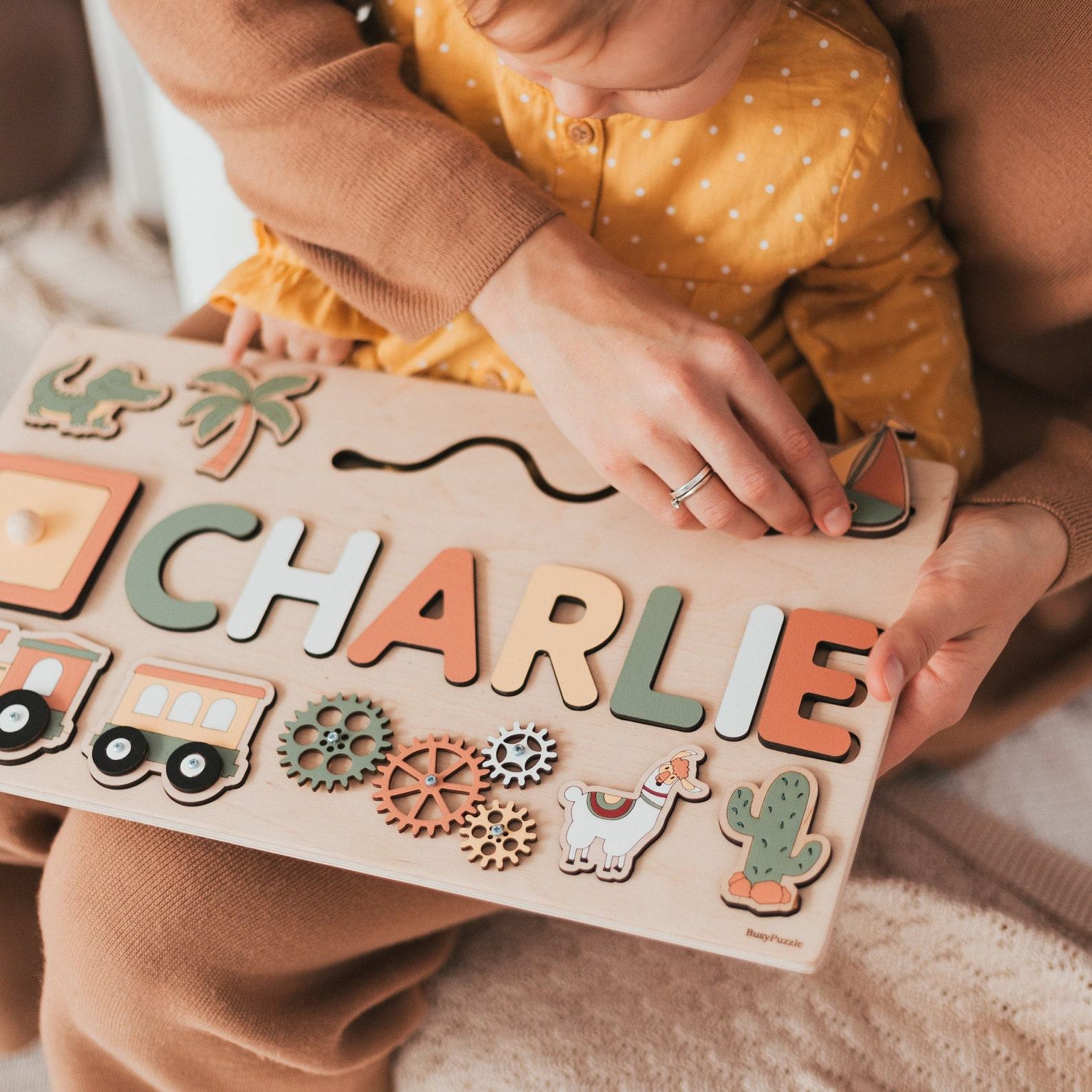 Personalized Busy Board Puzzle – Montessori Sensory Toy for Toddlers & Baby Girls – Wooden Activity Board Present