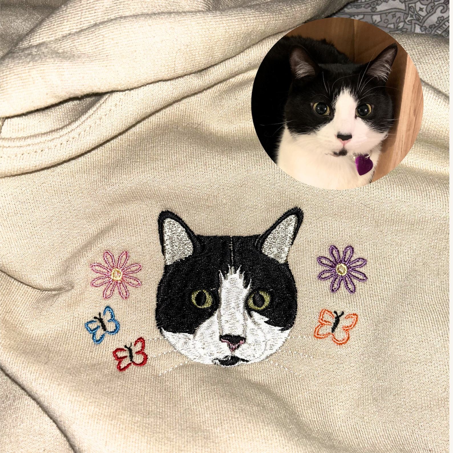 Personalized Cat Sweatshirt Embroidered Cat Face with Name, Custom Photo Hoodie for Cat Lovers