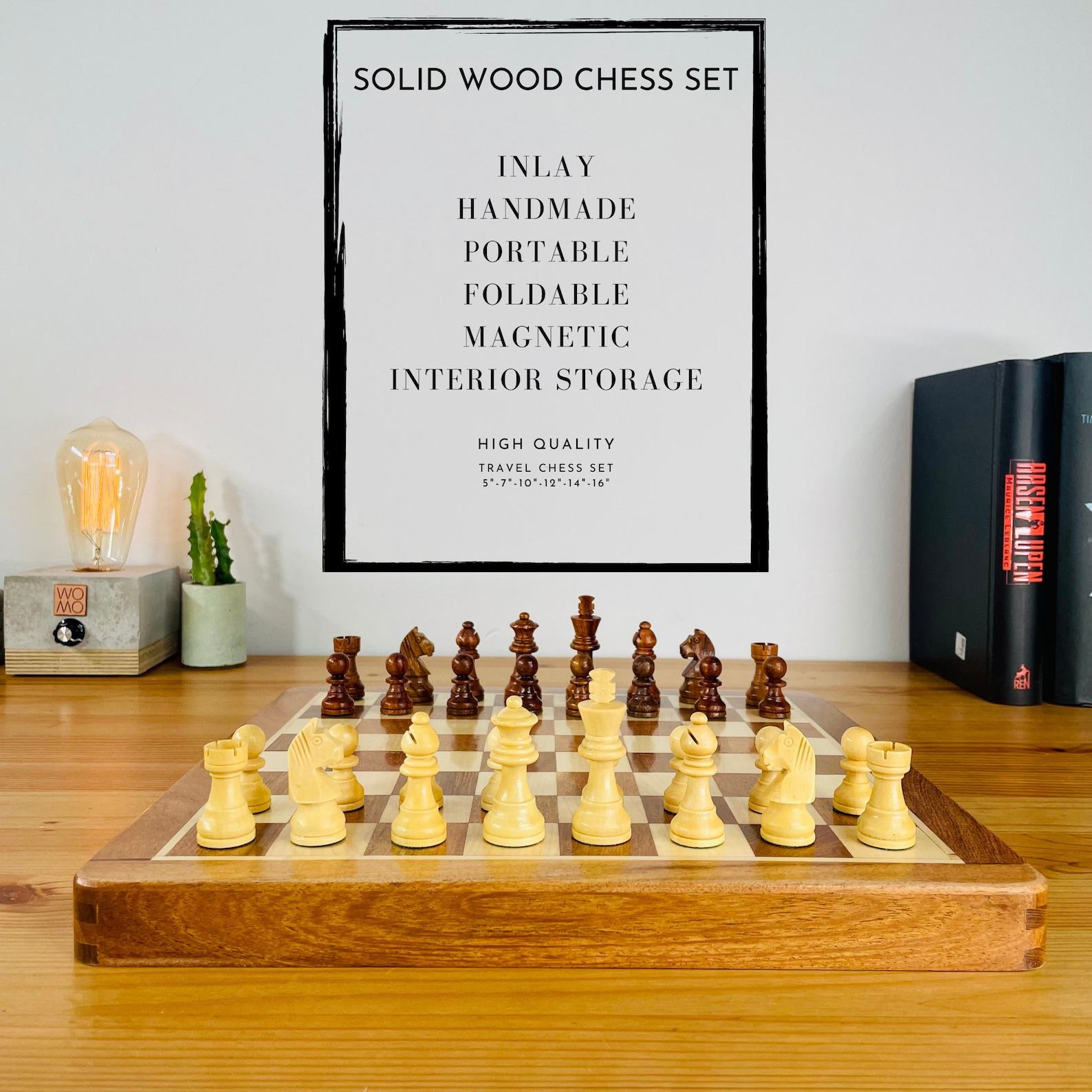 Personalized Chess Set Foldable Magnetic Board, Custom Brass Plate, Handmade Item