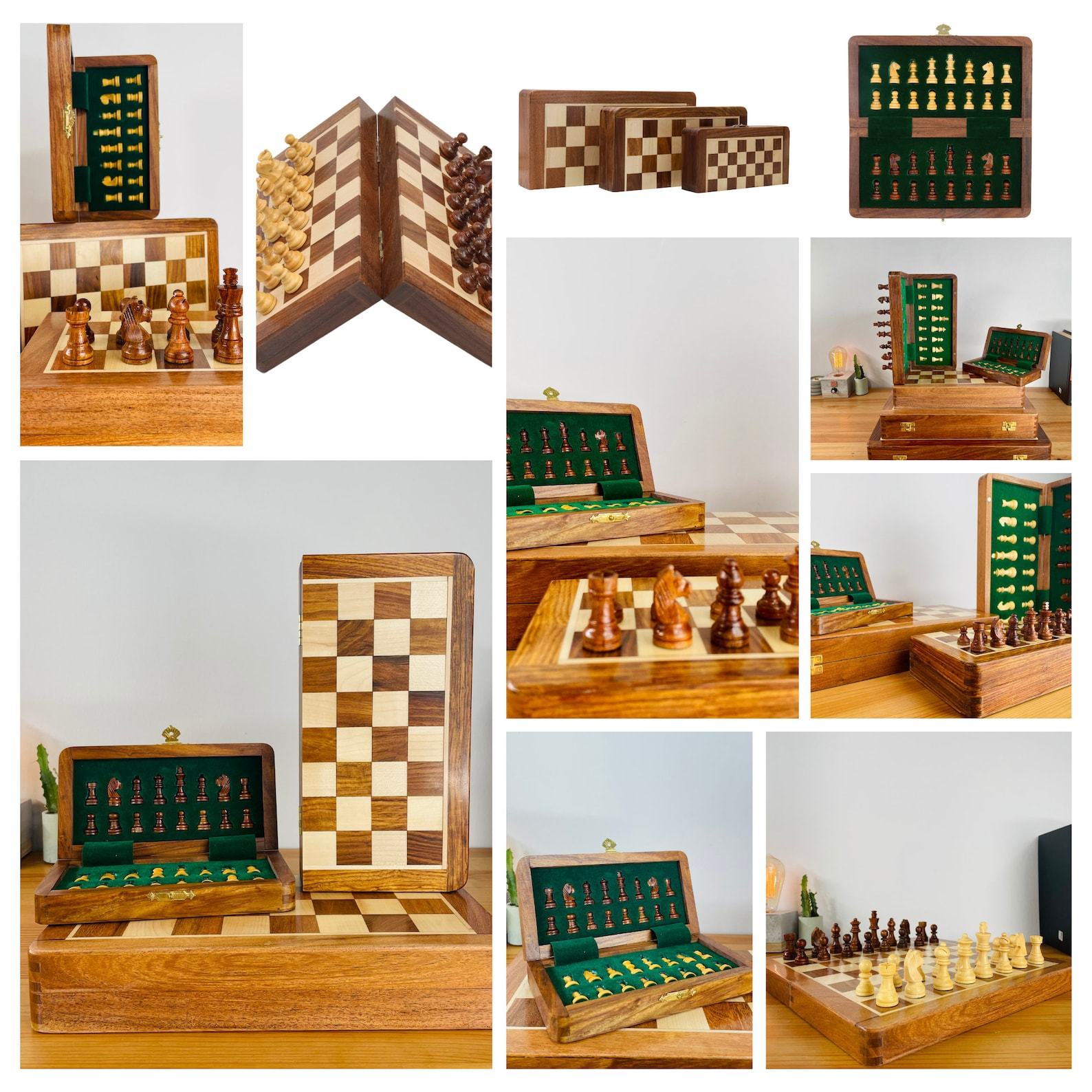 Personalized Chess Set Foldable Magnetic Board, Custom Brass Plate, Handmade Item