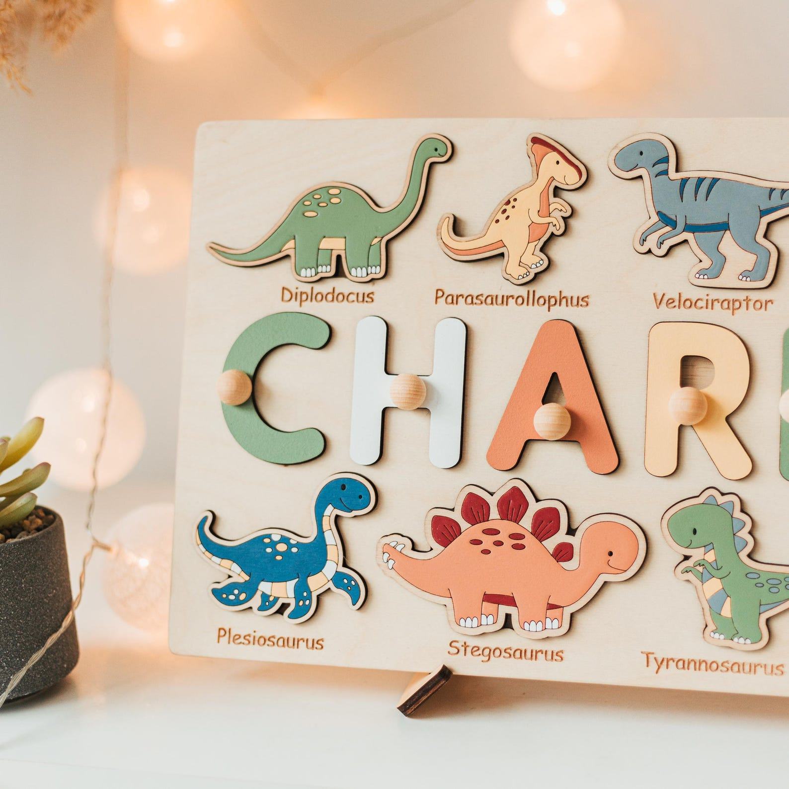 Personalized Dinosaur Name Puzzle – Montessori Dino Birthday Present & Baby Shower Decor
