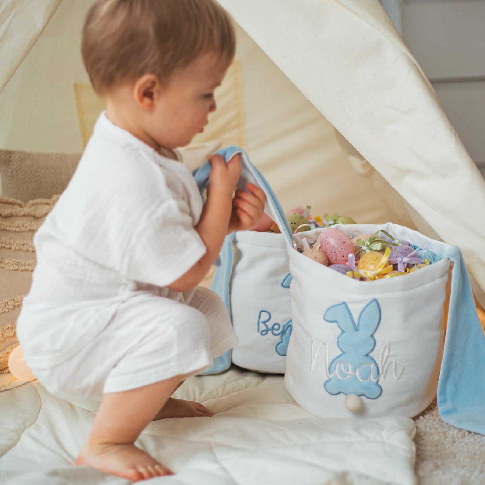 Personalized Easter Basket  Custom Embroidered Bunny Egg Hunt Basket for Boys & Girls