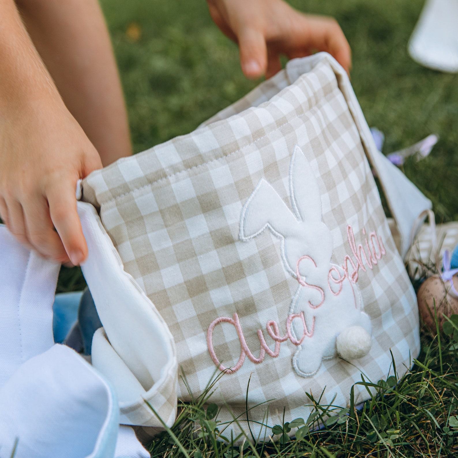 Personalized Easter Basket for Kids – Embroidered Bunny Bag – Custom Name Egg Hunt Tote