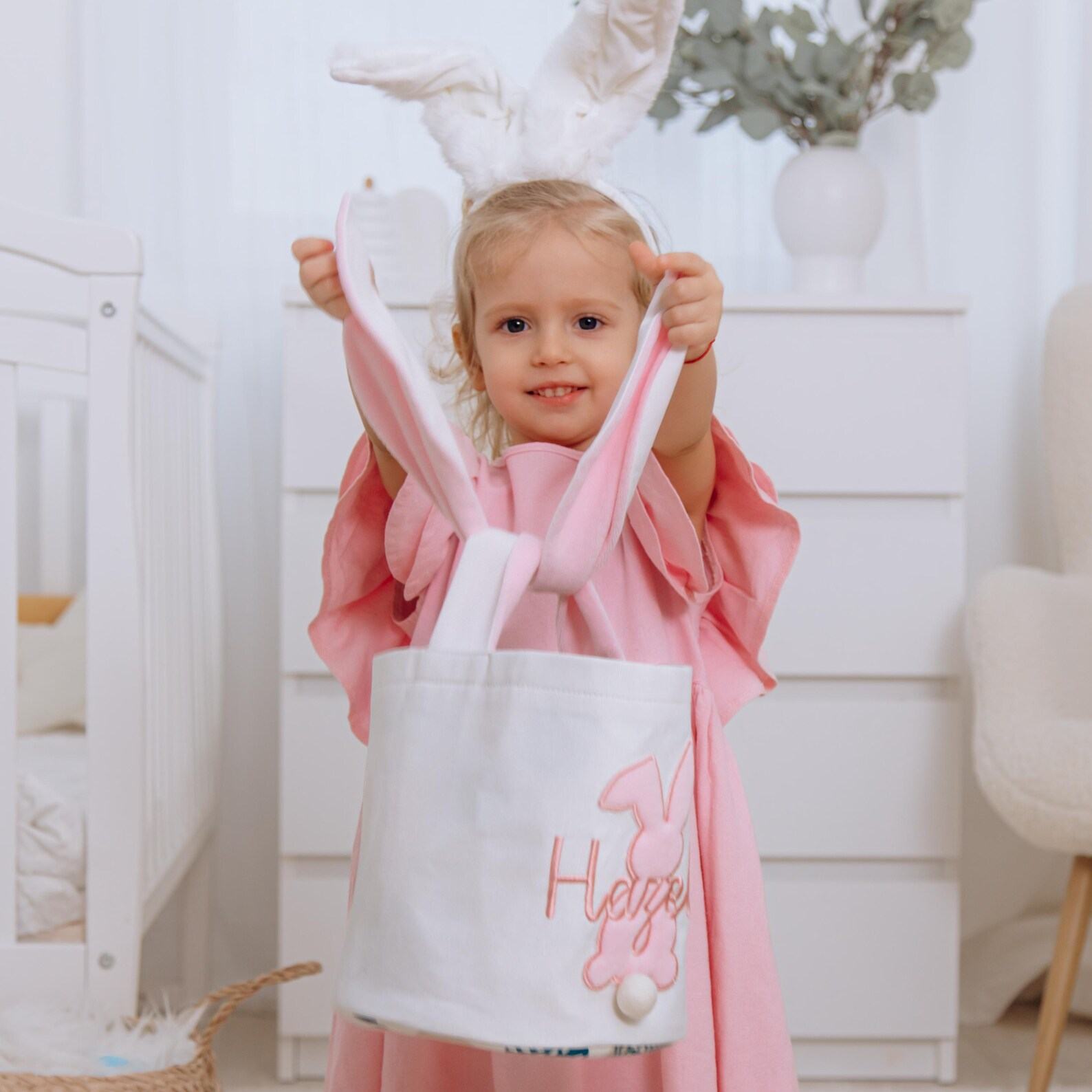 Personalized Easter Bunny Basket – Cute Embroidered Present for Kids & Toddlers – Easter Hunt Bag