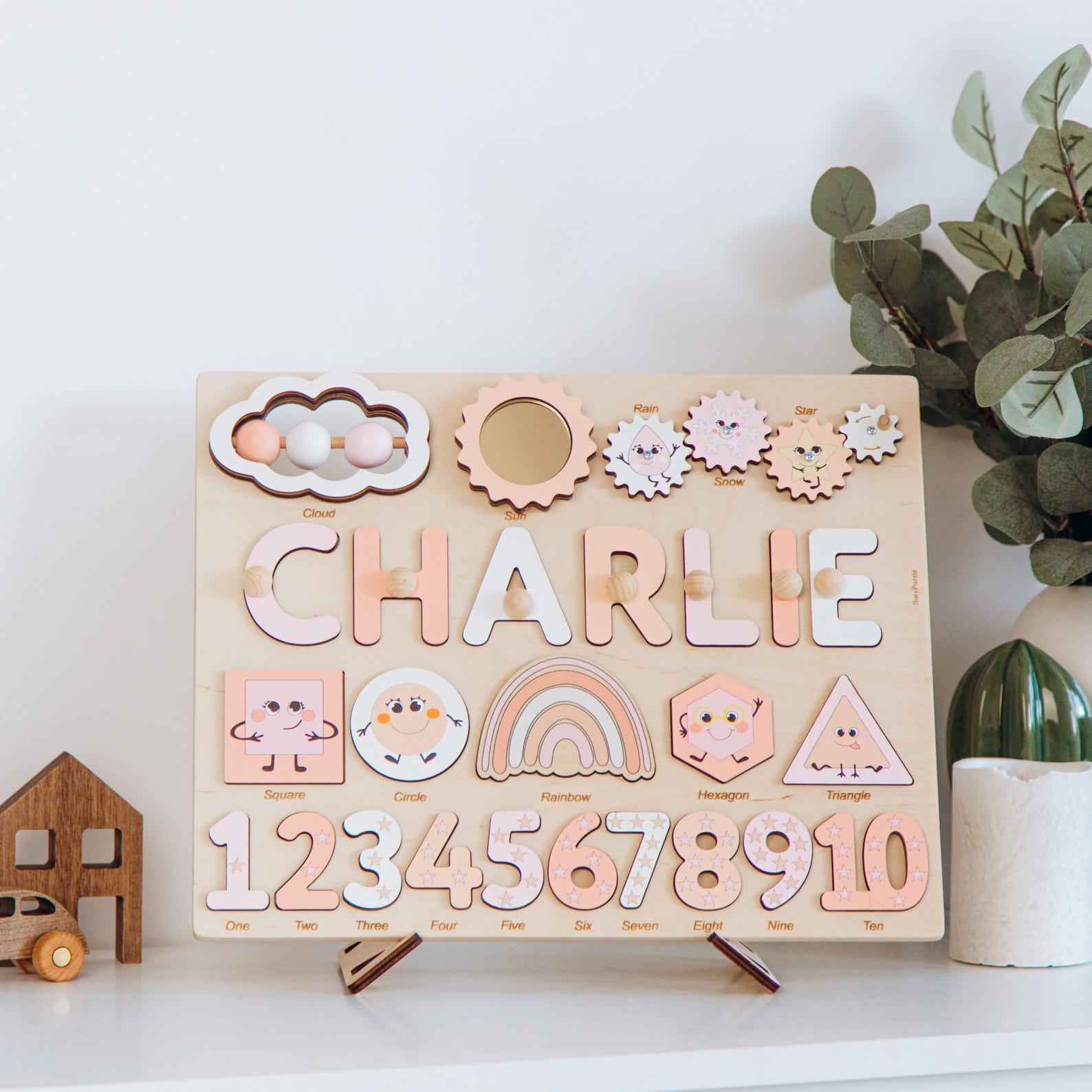 Personalized Easter Busy Board  Name Puzzle, Shapes & Numbers – 1st Birthday Present for Niece – Educational Toy