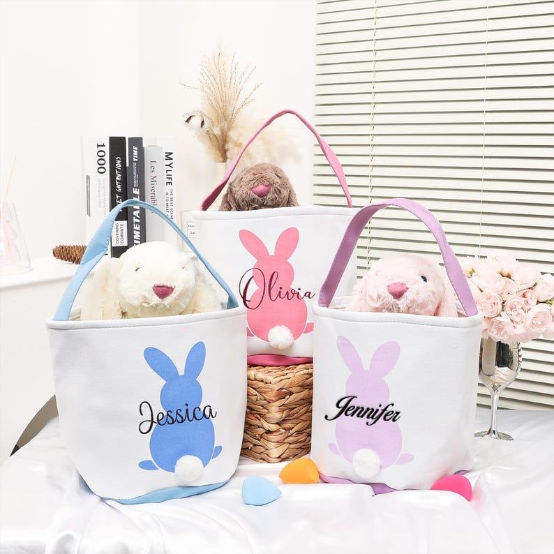 Personalized Embroidered Easter Basket – Bunny Tail Bag for Baby, Boys & Girls – Custom Name Present