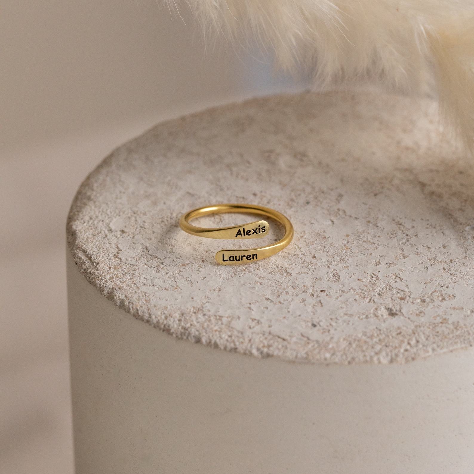 Personalized Engraved Open Style Rounded Edge Wrap Name Ring for Stacking by Caitlyn Minimalist