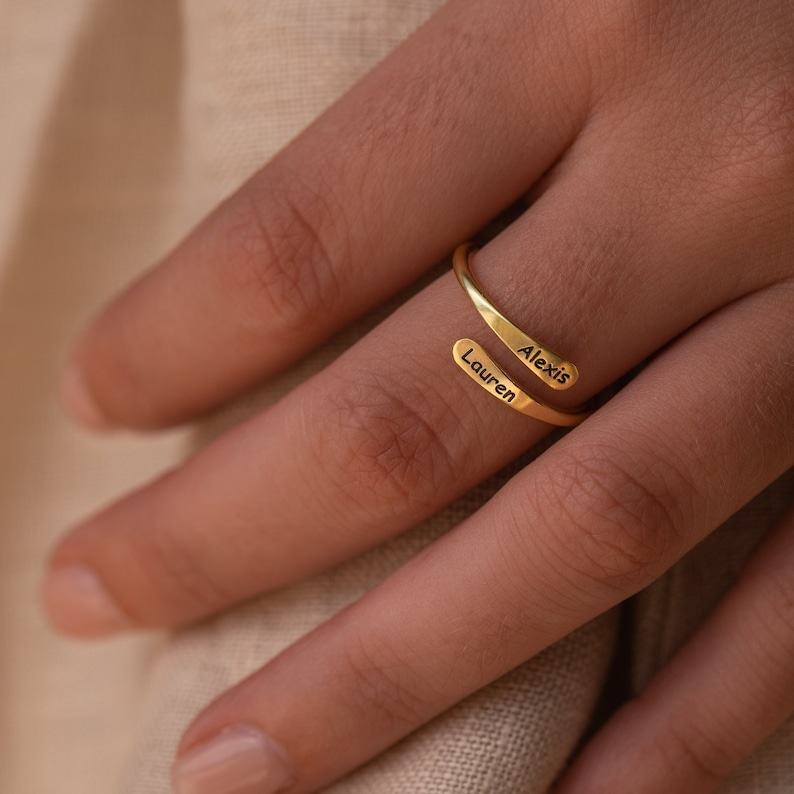 Personalized Engraved Open Style Rounded Edge Wrap Name Ring for Stacking by Caitlyn Minimalist