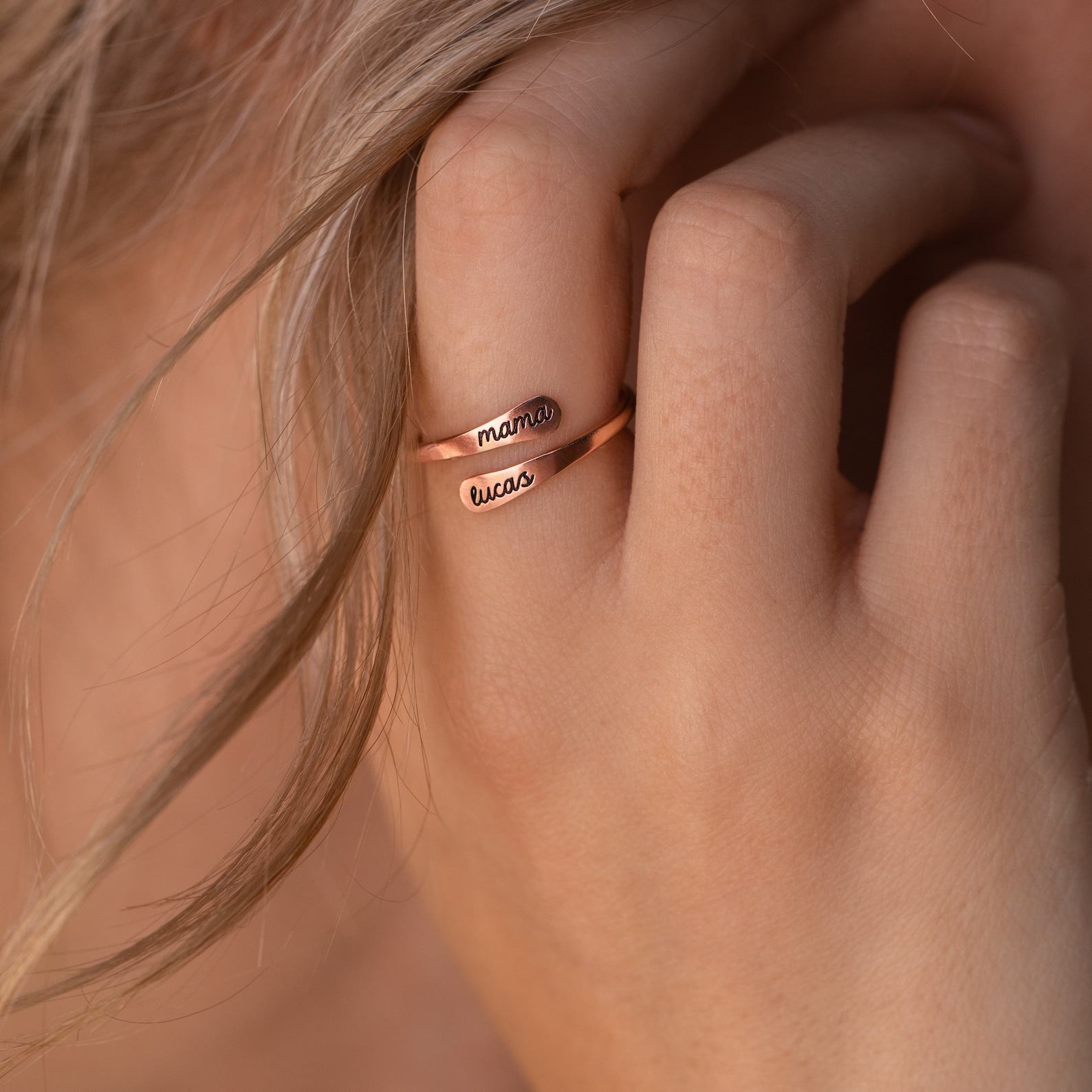 Personalized Engraved Open Style Rounded Edge Wrap Name Ring for Stacking by Caitlyn Minimalist