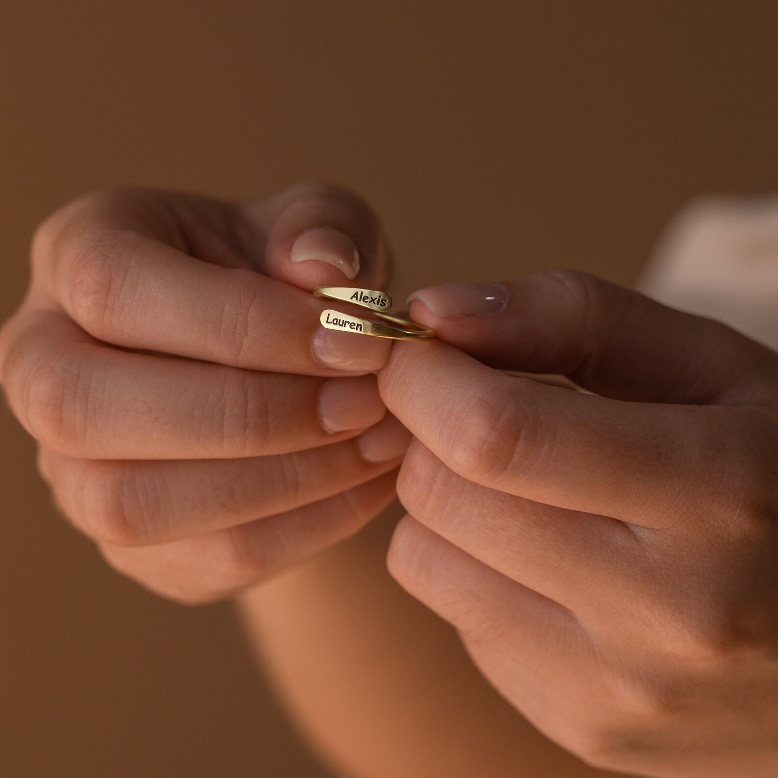 Personalized Engraved Open Style Rounded Edge Wrap Name Ring for Stacking by Caitlyn Minimalist