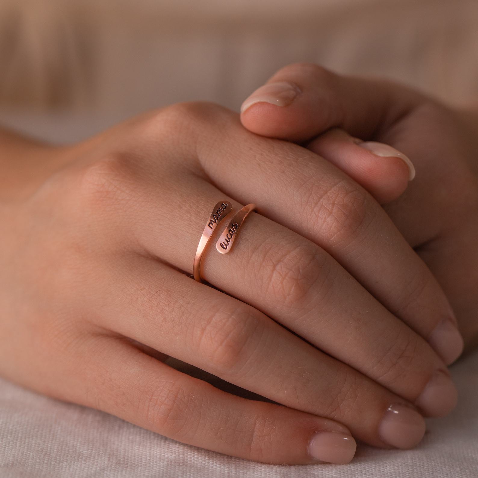 Personalized Engraved Open Style Rounded Edge Wrap Name Ring for Stacking by Caitlyn Minimalist