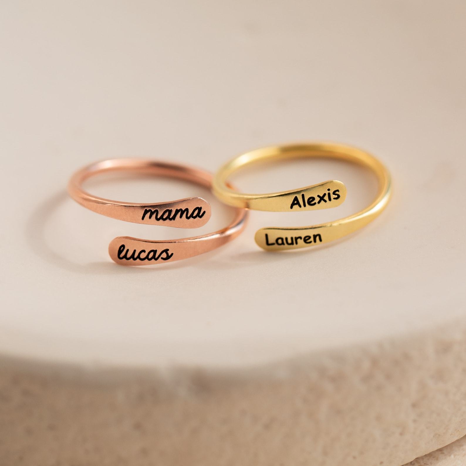 Personalized Engraved Open Style Rounded Edge Wrap Name Ring for Stacking by Caitlyn Minimalist