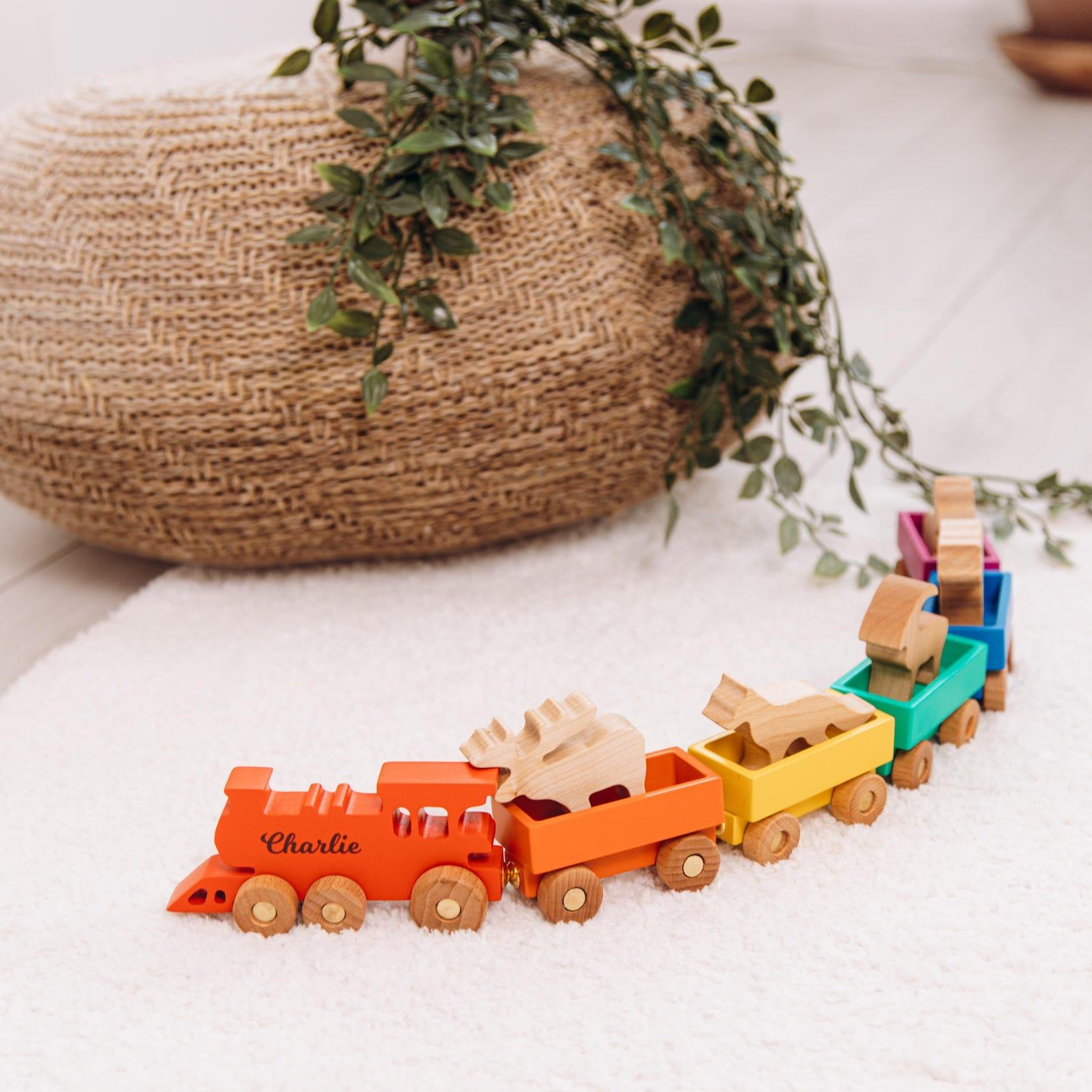 Personalized Farm Animal Train – Montessori Wooden Toy, Eco-Friendly 1st Birthday Present for Baby Boy