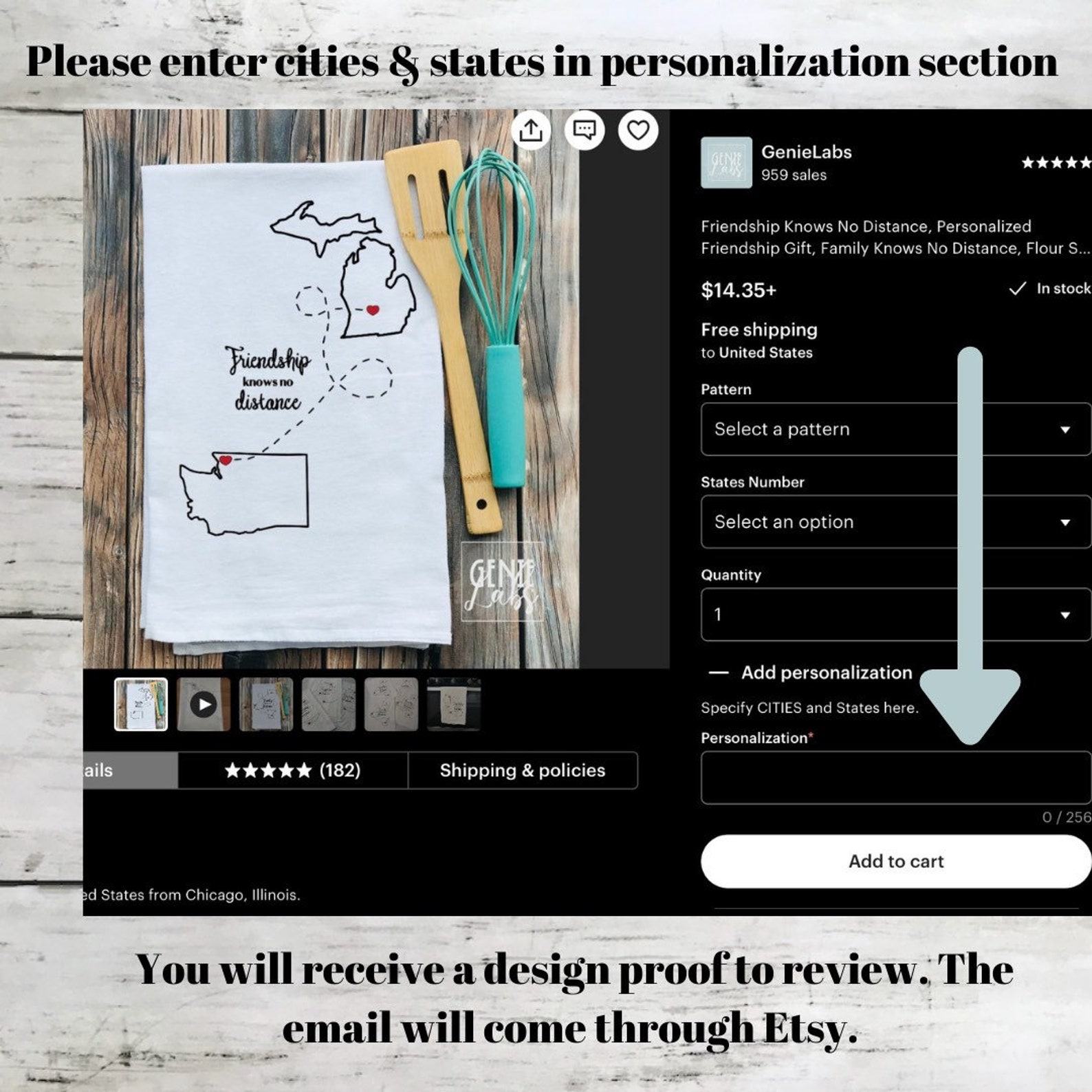 Personalized Friendship/Family Item Flour Sack Towel Connecting Loved Ones Across States