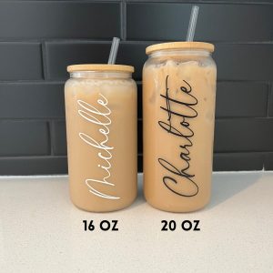 Personalized Iced Coffee Cup 20oz Glass Cup, Custom Beer Can Glass with Lid and Straw, Bridesmaid Item, Bridesmaid Proposal