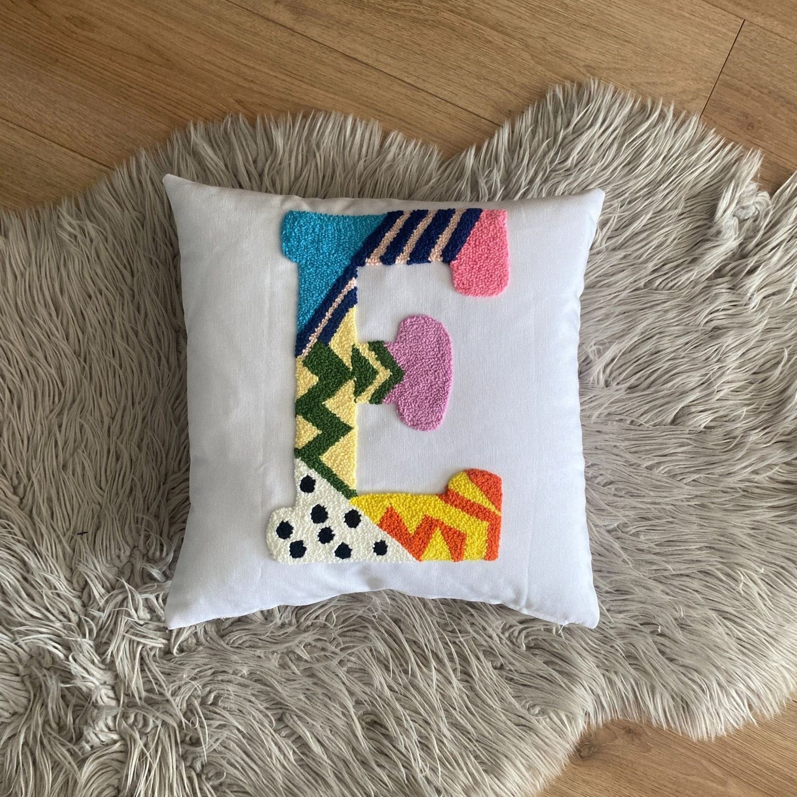 Personalized Initial Pillow Embroidered Punch Needle Letter Pillowcase for Baby Room Decor, Newborn Item, and Baby Shower