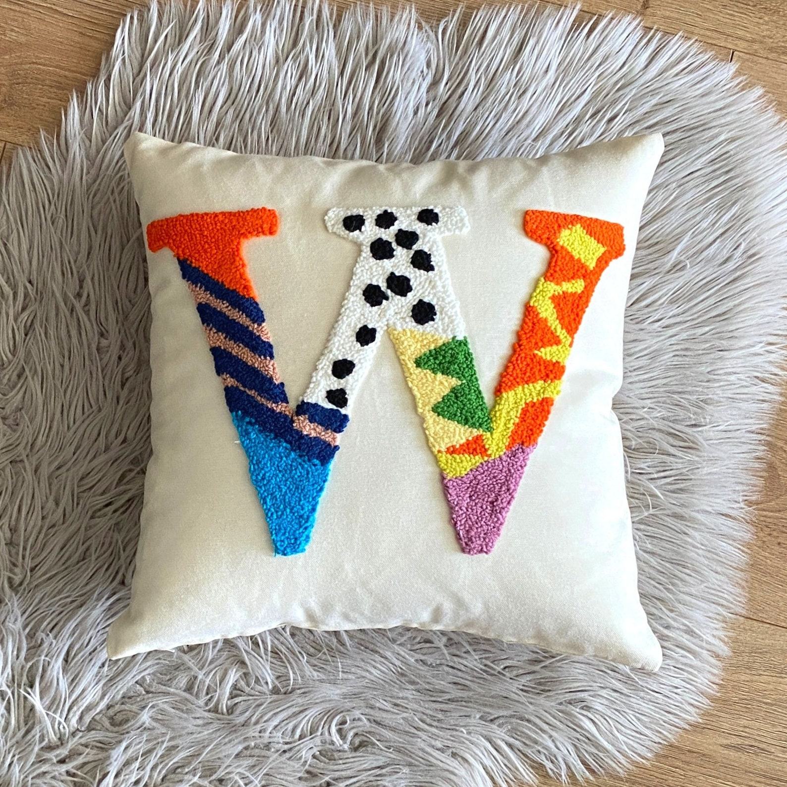 Personalized Initial Pillow Embroidered Punch Needle Letter Pillowcase for Baby Room Decor, Newborn Item, and Baby Shower