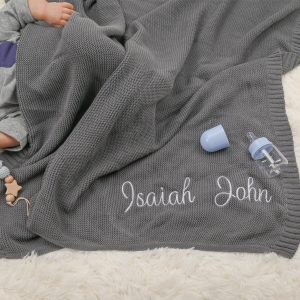 Personalized Knit Baby Blanket – Custom Name & Embroidered Present – Soft Cotton Stroller Blanket