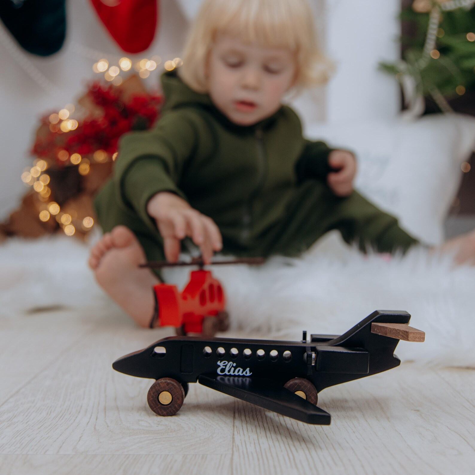 Personalized Montessori Airplane Present – Baby Boy 1st Birthday Decor – Wooden Toy Plane