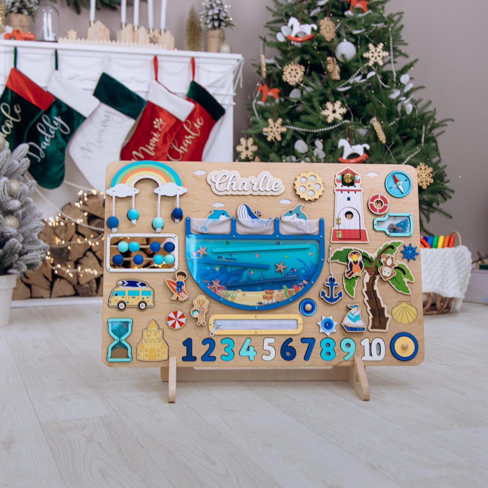 Personalized Montessori Busy Board – Handmade Wooden Sensory Toy for Toddlers 1-3 Years – Baby Shower Present