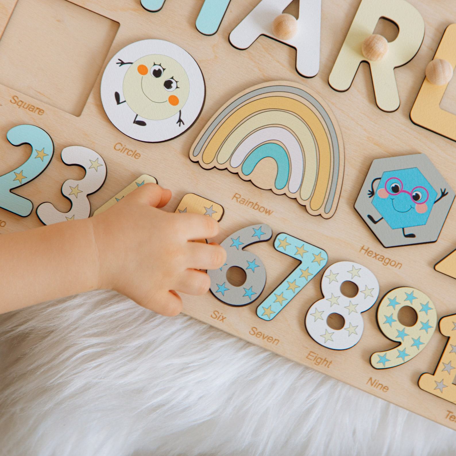 Personalized Montessori Busy Board Educational Shape Puzzle for Toddlers, Engraved with Name