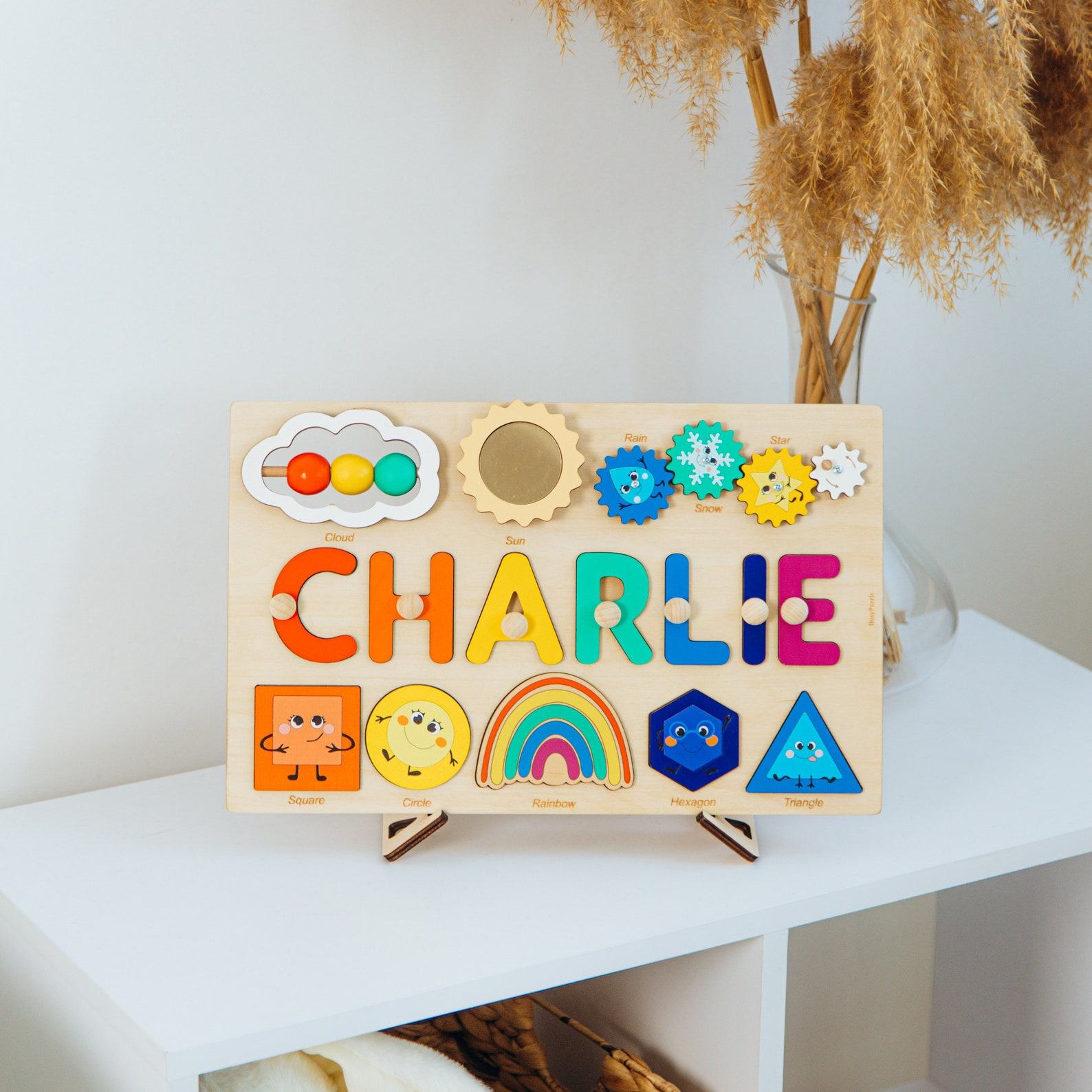 Personalized Montessori Busy Board Educational Shape Puzzle for Toddlers, Engraved with Name