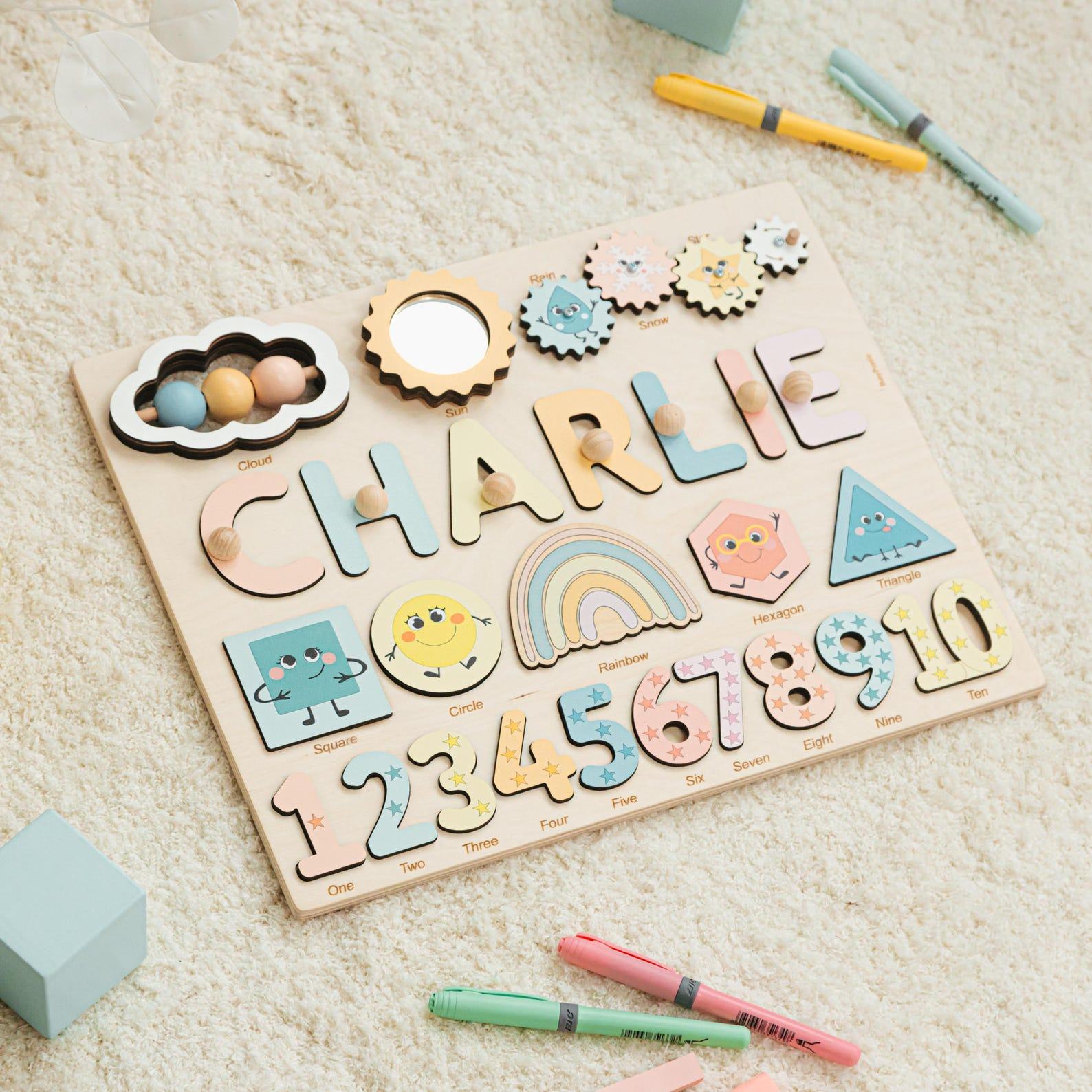 Personalized Montessori Busy Board Educational Shape Puzzle for Toddlers, Engraved with Name