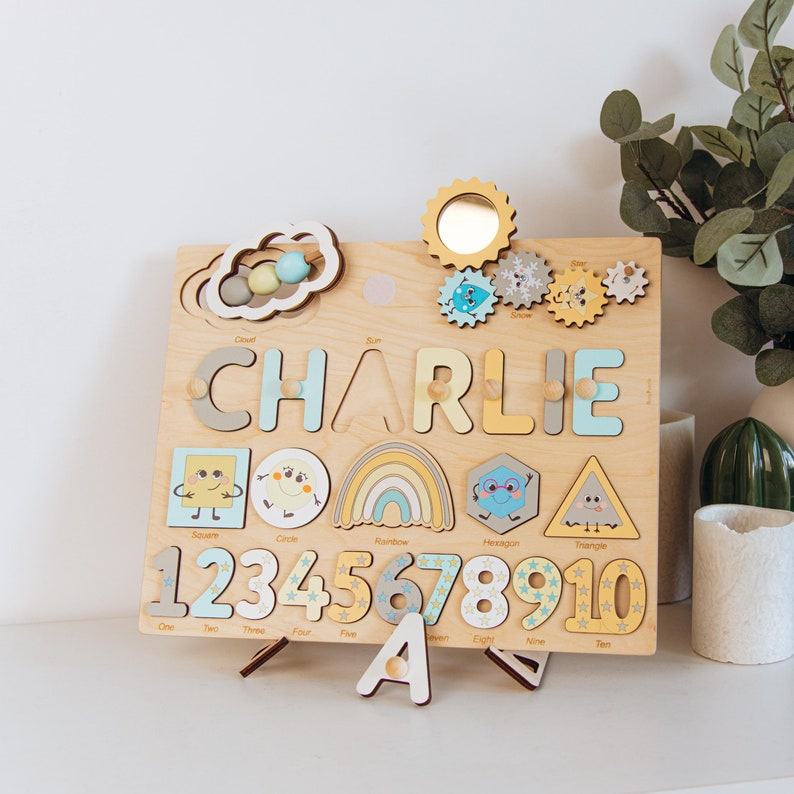 Personalized Montessori Busy Board Educational Shape Puzzle for Toddlers, Engraved with Name