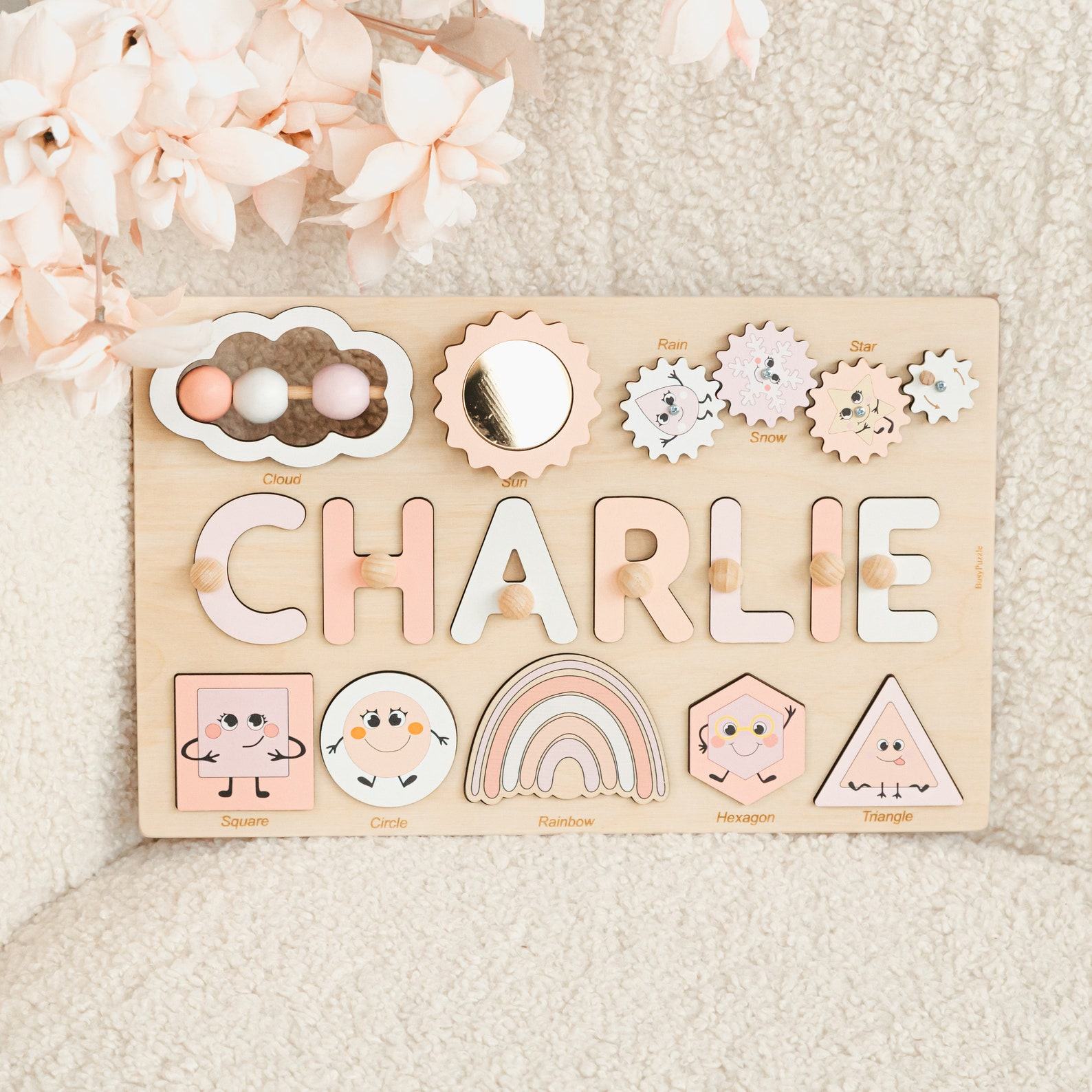 Personalized Montessori Busy Board Educational Shape Puzzle for Toddlers, Engraved with Name