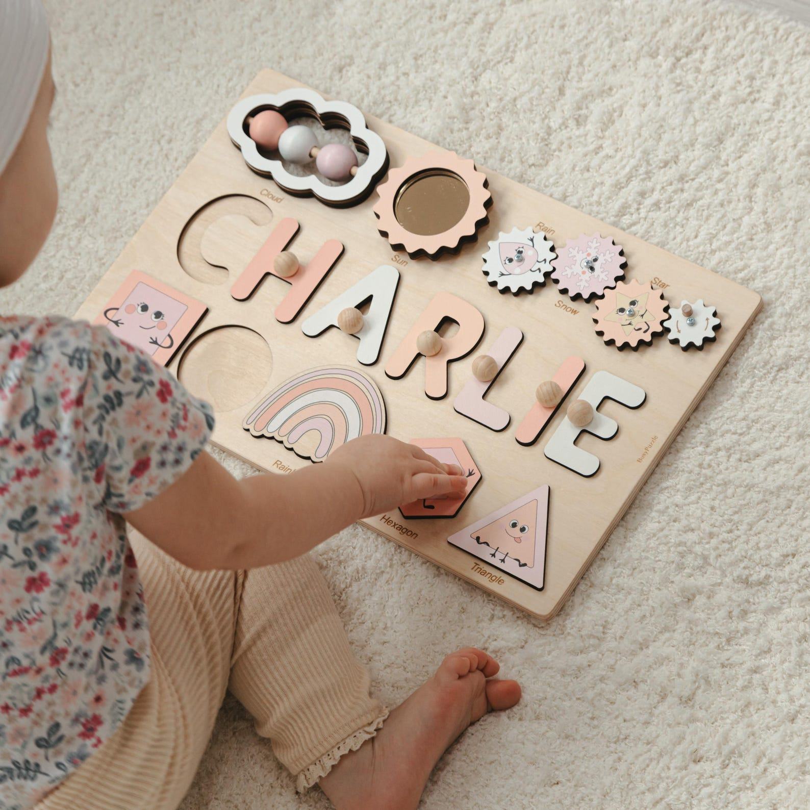 Personalized Montessori Busy Board Educational Shape Puzzle for Toddlers, Engraved with Name