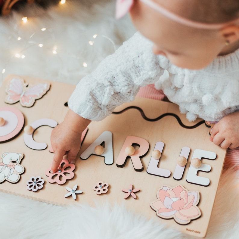 Personalized Montessori Busy Board Sensory Puzzle for Baby Girls, Custom Name, Educational Item for 1-3 Year Olds