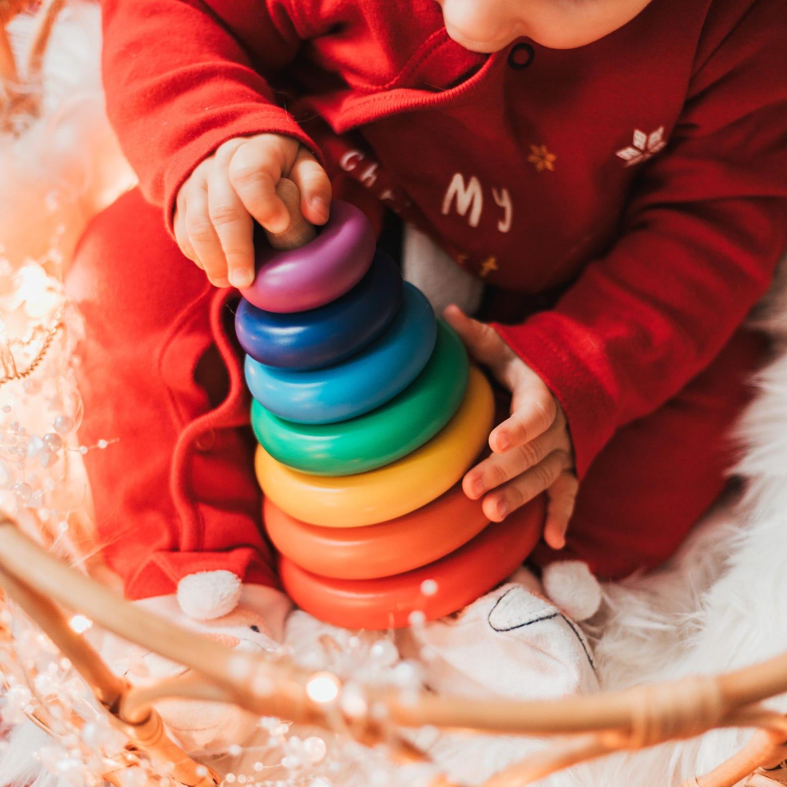 Personalized Montessori Christmas Presents  Wooden Pyramid Rainbow Stacker & Abacus – Educational Toys for 2 Year Olds
