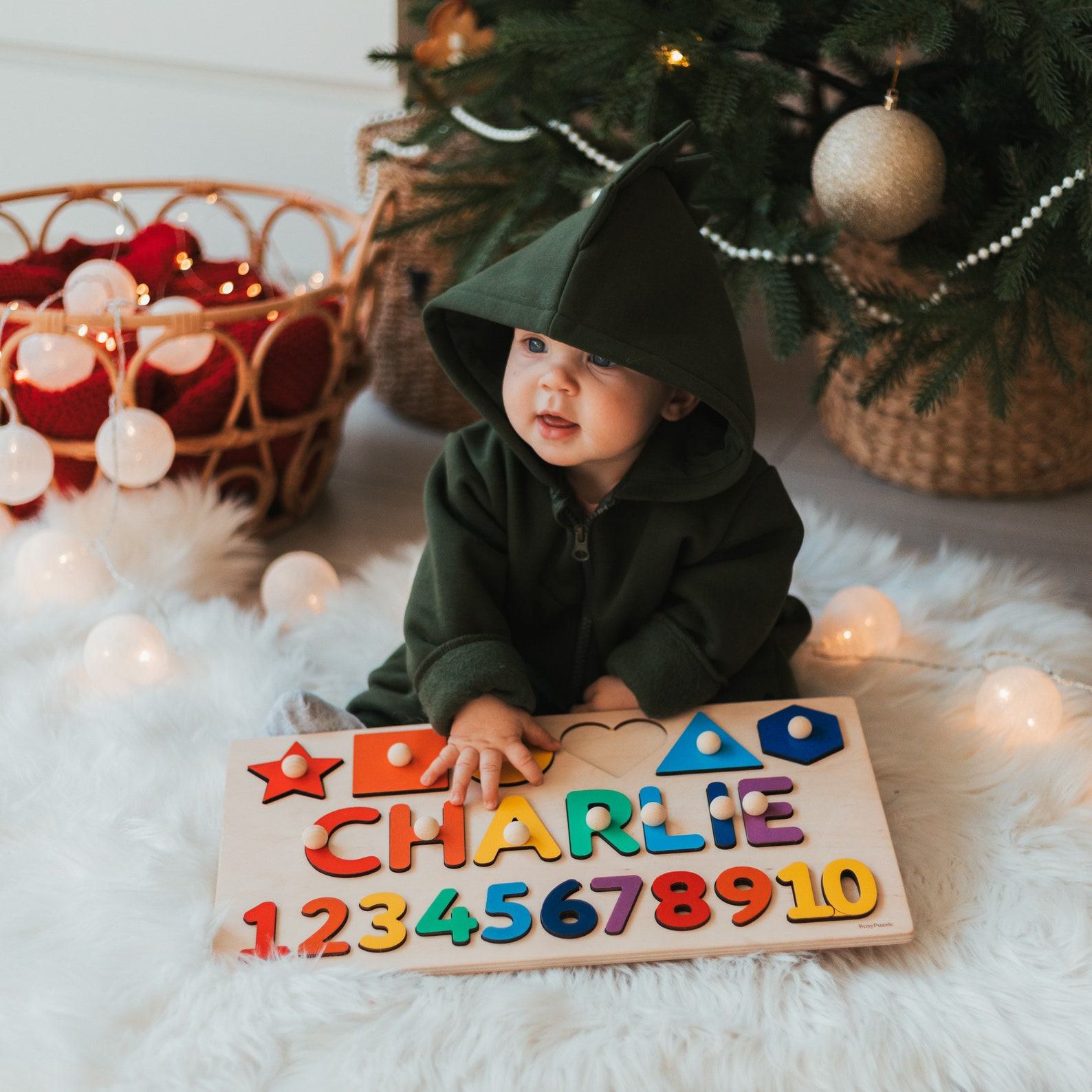 Personalized Montessori Math Board – Baby Name Puzzle, First Christmas Present, Wooden Learning Toy