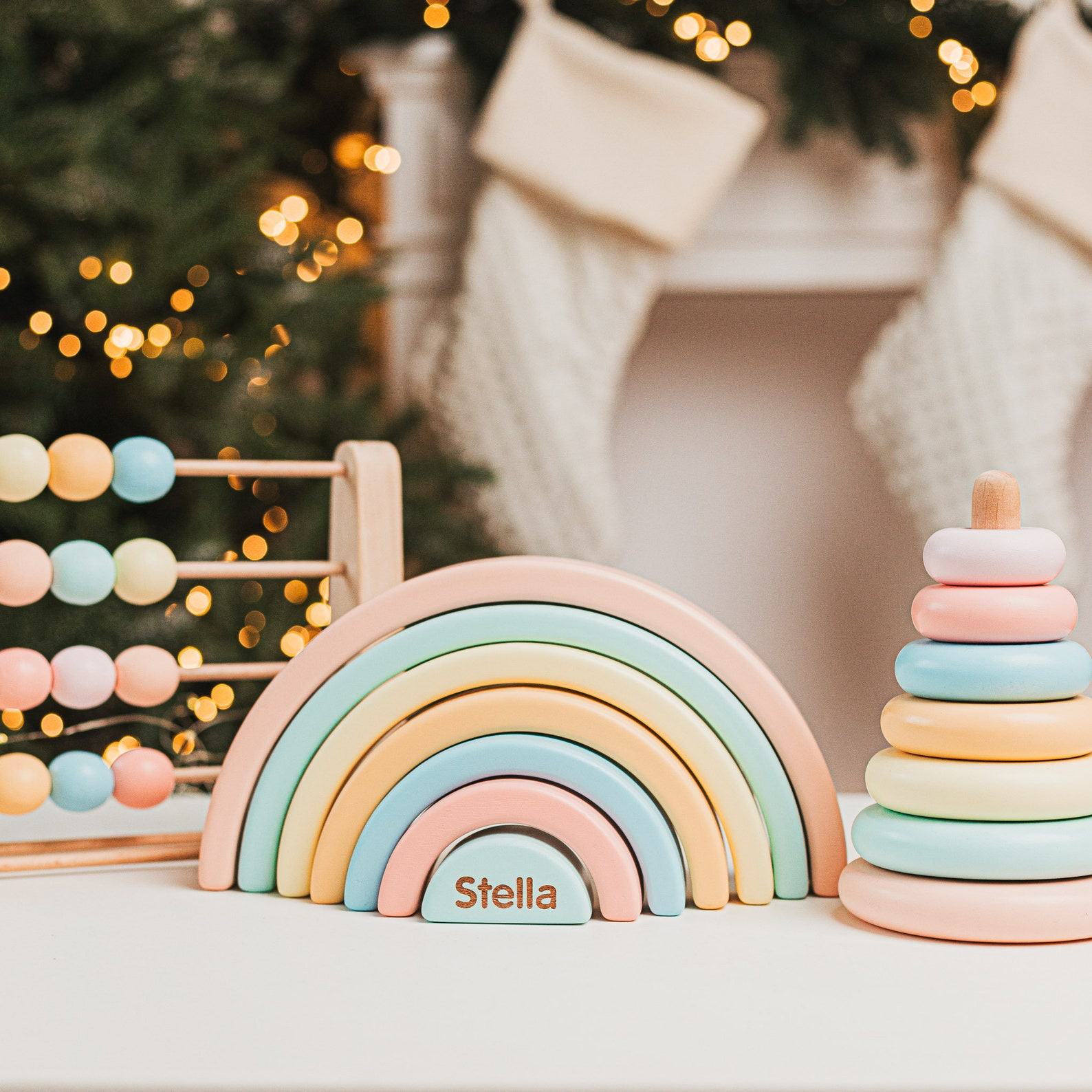 Personalized Montessori Toys for 1 Year Old Girl – Wooden Stacking Rainbow & Pyramid – First Easter Present